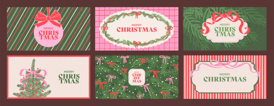 Retro horizontal banners set of Merry Christmas and Happy New Year. Vintage illustrations with gift bows, Christmas tree and ball, frames. Hand drawn design background for card, invitation, flyer