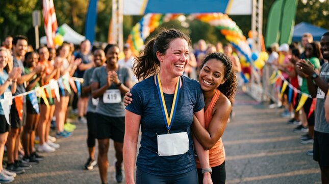 Two happy women celebrating after finishing a race with a medal and a blank tag