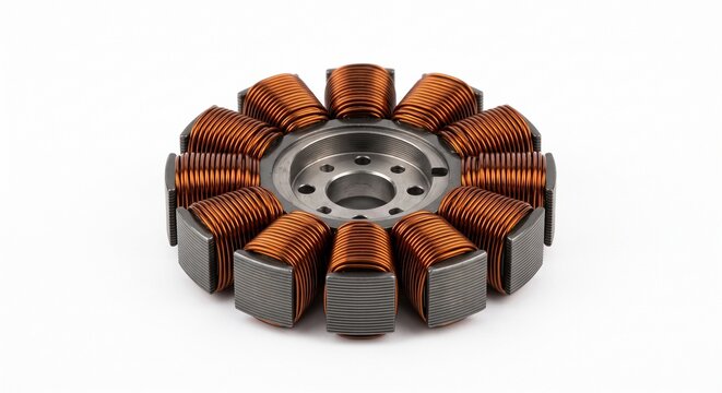 Macro of a bare UAV brushless motor stator with wound copper enameled coils and iron core. Precision aerospace propulsion hardware isolated on white.