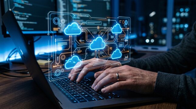 User hands operating laptop with advanced floating cloud computing data network interface.