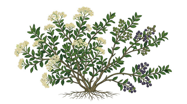 Botanical elderberry shrub illustration featuring white flowers and berries at different ripening stages on white background