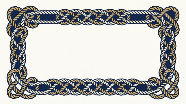 Nautical rope frame illustration, braided cord border with sailor knots, navy blue and tan marine design, rectangular decorative cordage on white background