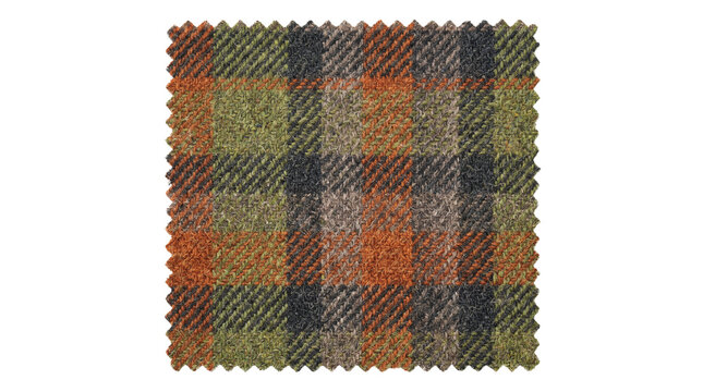 Vintage plaid wool fabric swatch, orange and green tartan textile sample, rustic checkered tweed material for fashion design isolated PNG with Transparent Background