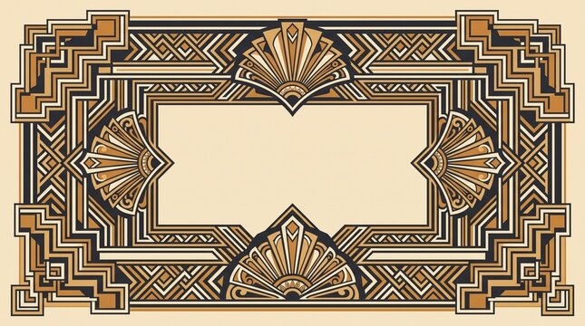 Art Deco ornamental frame illustration, geometric gold and black border with fan motifs, vintage 1920s style decorative background for invitations and luxury branding