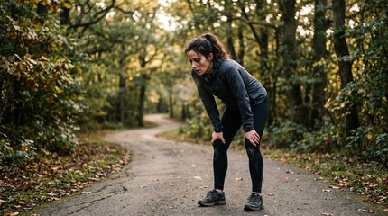 Obraz premium Woman runner catching breath on forest path during autumn workout