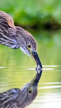 Close‑up of Juvenile Night‑Heron Hunting above Calm Water Surface