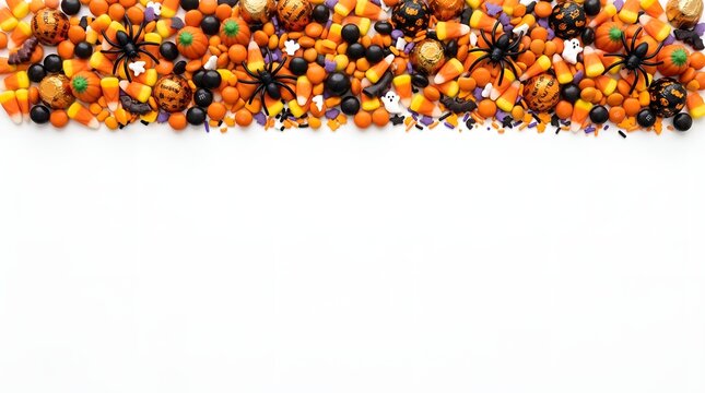 Candy border with colorful treats and plastic spiders lies on a white surface leaving ample room for text.