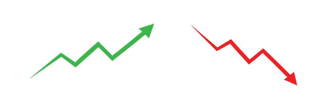 Green upward growth arrow and red downward decline arrow with zigzag chart lines, representing increase and decrease, profit and loss, isolated on white background.