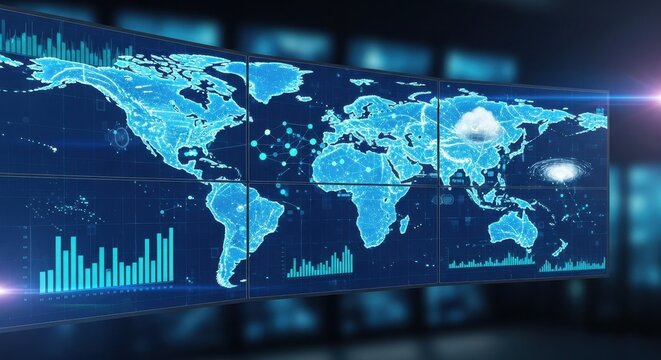 Futuristic global data visualization on digital screens.