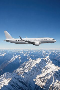Side view of a white commercial passenger airplane flying high in clear blue sky over majestic snow-covered mountain peaks. Travel, winter vacation, and aviation concept.