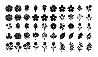 Fototapeta premium Black and White Floral Silhouette Collection – Roses, Flowers and Leaves Stencil Vector