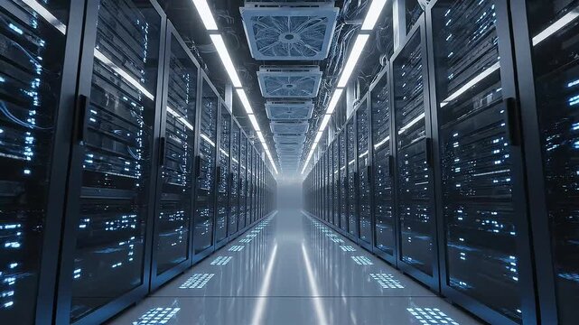 Modern Enterprise Data Center Corridor Featuring Rows of High-Performance Server Racks and Advanced Network Infrastructure Technology