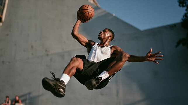 Basketball Player Jumping in Mid-Air for Slam Dunk