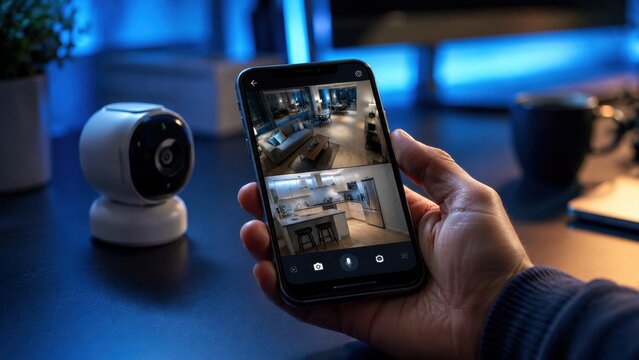 Hand holding smartphone displaying smart home CCTV camera live feeds next to IP security camera on desk. Remote surveillance, home safety, modern technology, and protection concept.