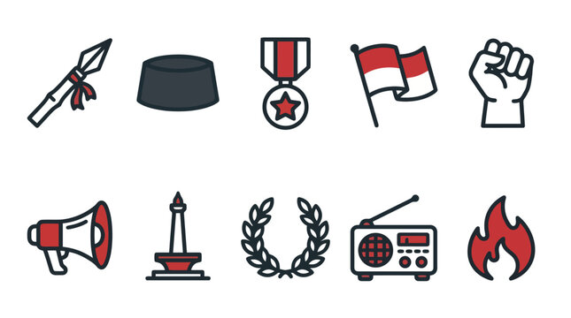 Collection of Indonesian national symbols and cultural icons, including a spear, peci hat, medal, flag, fist, megaphone, monument, laurel wreath, radio, and fire.