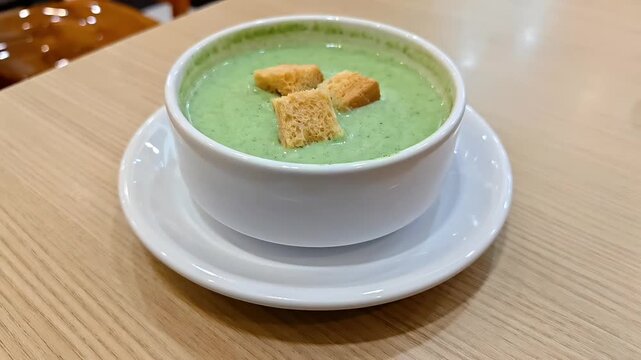 Bowl of spinach cream soup with bread croutons, Rustic Italian French Food Cuisine, Gourmet Tasty Healthy Diet, Vegetarian Diet, Slow Motion