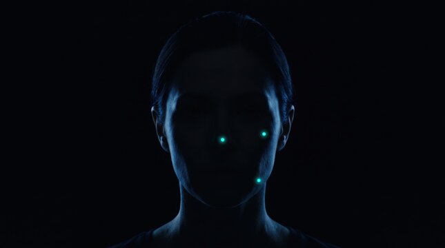 close up of a human face with glowing blue dots in the dark for tracking