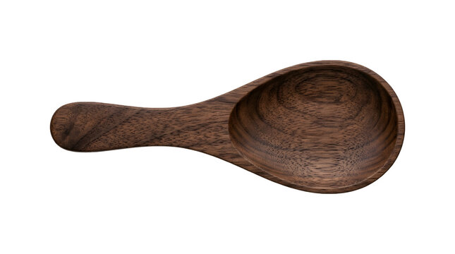 Handcrafted walnut wood scoop, rustic wooden measuring spoon for coffee and spices, dark timber kitchen utensil on white background