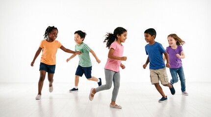 Obraz premium Diverse group of happy children running and playing together in a bright studio setting