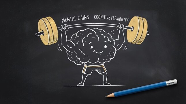 Mental Gains and Cognitive Flexibility. A strong brain lifting weights, symbolizing intellectual growth and mental strength. Chalkboard drawing for education and personal development concepts.