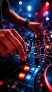 Vertical close up of male DJ hands adjusting volume fader slider on professional mixing console during live concert performance. Electronic music, nightlife, DJing, and sound engineering concept.