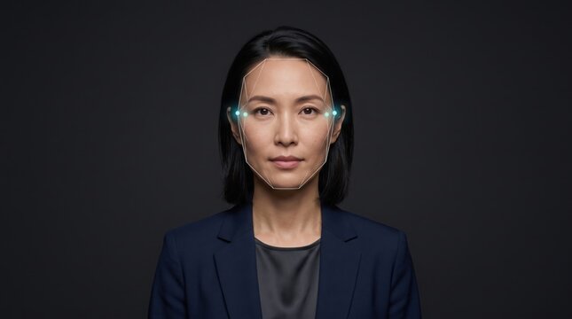 Portrait of a professional Asian woman wearing futuristic smart glasses with glowing lights