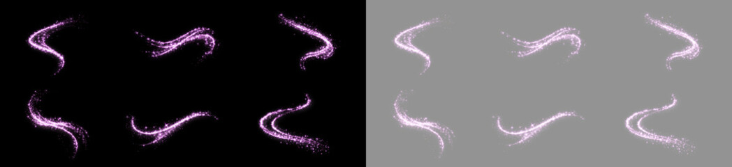Pink magic glitter swirl set with radiant sparkles, glowing dust and elegant particle streams, isolated on transparent PNG background. © Andrey