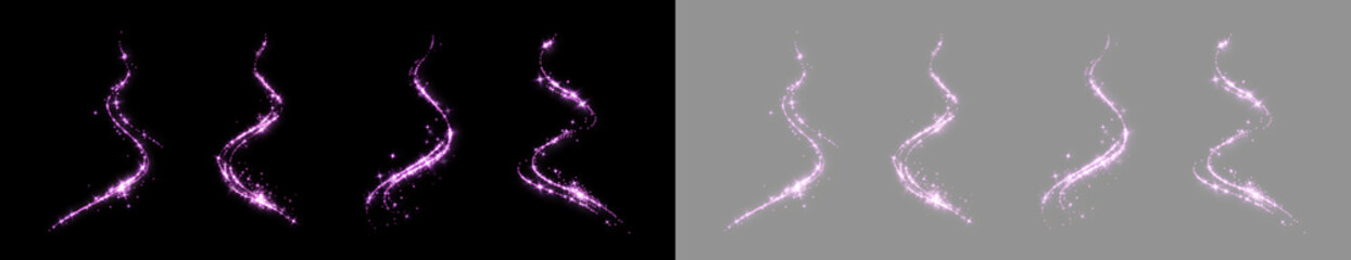 Glowing pink shimmer trail set with sparkling particles, magic dust and decorative curved light effects, isolated on transparent PNG background. © Andrey