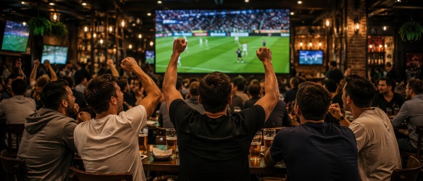 Group of male football fans cheering with raised fists while watching soccer match on big screen in crowded sports bar. Sports, fandom, emotion, team support, and nightlife entertainment concept.