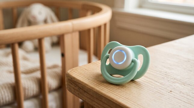 Smart baby pacifier health monitor on wooden nursery table