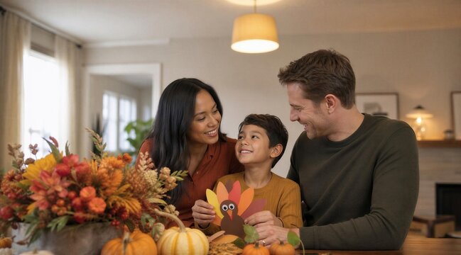 Family Making Paper Turkey Craft at Thanksgiving Table