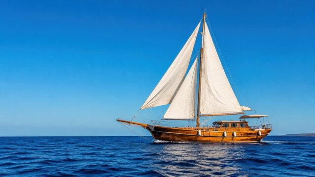 Classic wooden sailing sailboat gulet with white sails cruising open deep blue sea water under sunny clear blue sky. Marine travel, classic yachting, traditional boat, ocean voyage, and summer vacatio