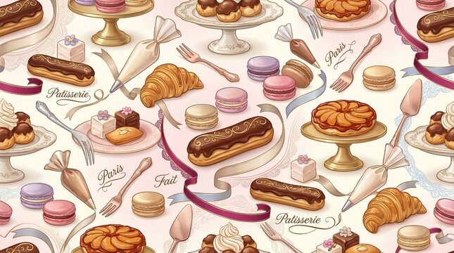Elegant parisian pastry pattern with eclairs and colorful macarons provides luxury confectionery background for sweet shops.