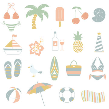 Big set summer elements. Tropical summer vector Icons and hand drawn elements