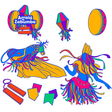 Brazilian Festa Junina and Bumba Meu Boi folk festival vector illustrations set
