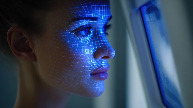 Futuristic AI facial recognition and skin analysis with blue digital mesh on woman's face.