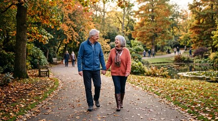 Obraz premium Elderly couple holding hands walking on a path in a park during autumn with colorful leaves