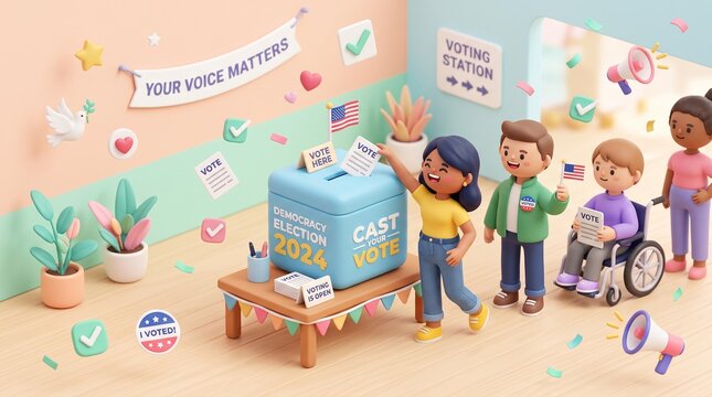 Voting Station 3D Illustration with Diverse People Casting Ballots at Election Ballot Box