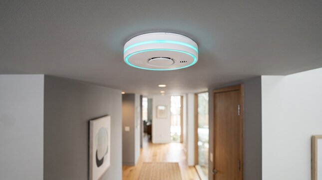 Smart white circular smoke detector with glowing LED ring on ceiling