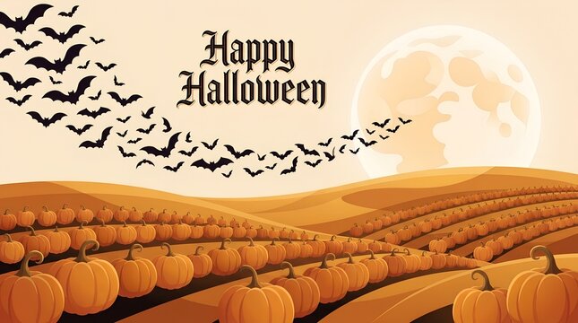 Vintage Happy Halloween banner, pumpkin patch field with flying bats, spooky autumn landscape with full moon