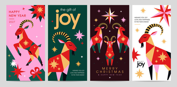 New Year 2027 Year of the Fire Goat. Christmas Holiday Cards. Ideal for branding, packaging, posters, greeting cards and social media.