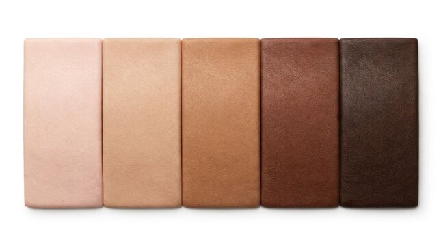 Gradasi skin tone lima warna kulit cokelat elegan dari nuansa terang hingga gelap, menampilkan tekstur natural yang lembut dan mewah sebagai inspirasi palet warna netral, hangat, modern, dan berkelas.