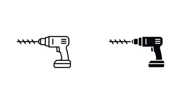 Electric drill vector icon isolated on white Black and white outline line art and solid glyph silhouette