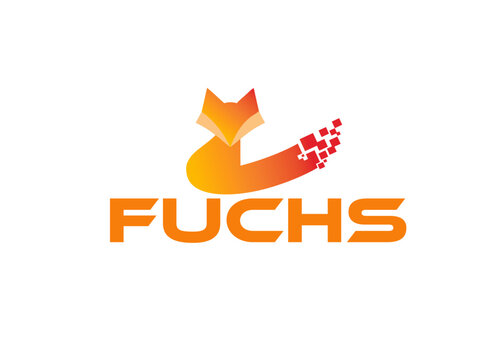 Geometric fox logo with pixelated tail against a white background