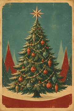 Vintage Christmas Tree with Traditional Ornaments Retro Holiday Illustration