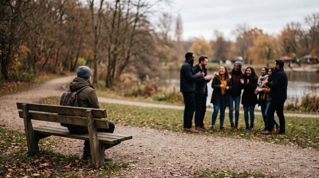 Lonely man sitting alone on wooden bench in autumn park watching happy group of friends socializing nearby, feeling isolated and excluded from society, mental health
