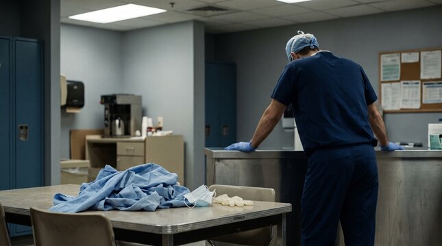 An exhausted healthcare professional in scrubs takes a quiet moment in a hospital utility room, reflecting the physical and emotional toll of their demanding medical work