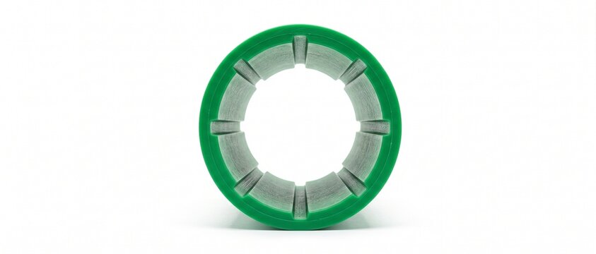 Geotechnical inclinometer casing cross-section. Extruded green ABS plastic pipe with internal tracking grooves for soil displacement and landslide monitoring. Isolated on a white background.