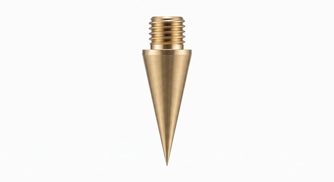 Seismic geophone ground spike. Machined solid brass cone with threaded mounting base and sharp tip. Earthquake detection and seismic vibration measurement hardware. Isolated on a white background.