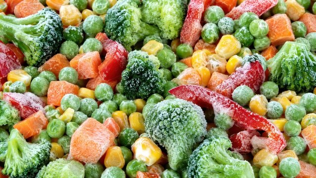 Macro shot of mixed frozen vegetables covered in ice frost. Close-up background of frozen broccoli florets, green peas, diced carrots, corn and red bell pepper.